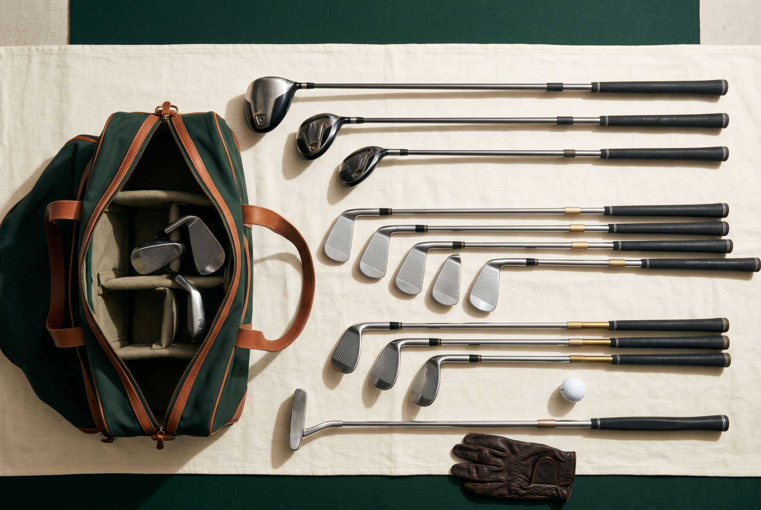 Flat-lay of a golf bag showing clubs arranged by role with label-free color bands.