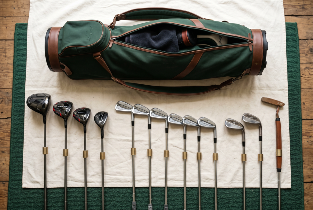 Image of a golf bag opened flat with clubs arranged by role using color bands.
