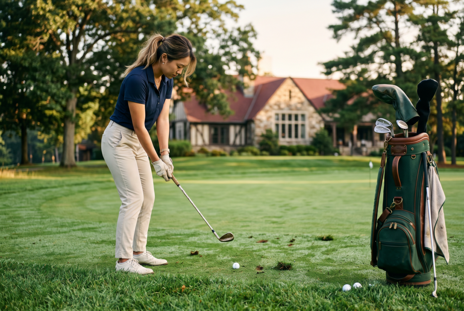 Beginner golfer practicing wedges near a clubhouse in warm morning light.