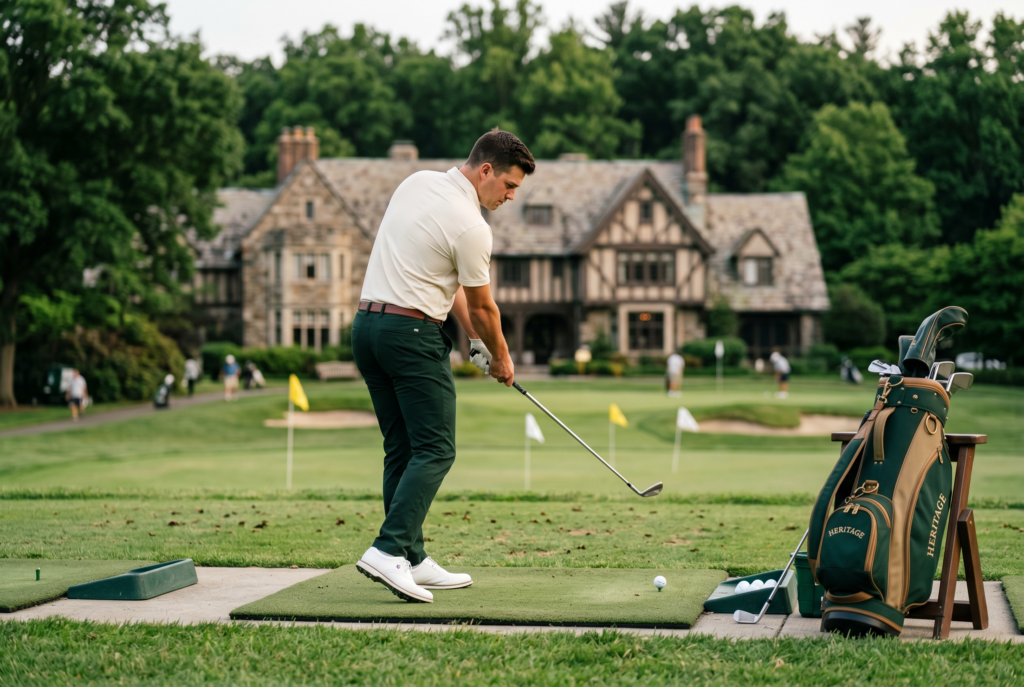 Beginner wedge practice on a turf patch near a clubhouse.
