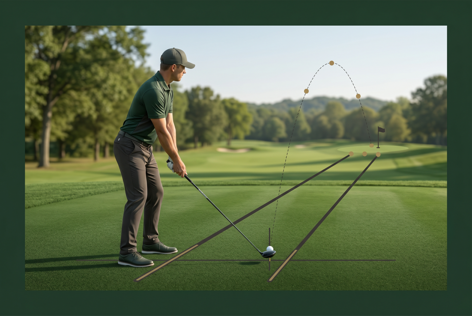 Diagram overlay demonstrating golf alignment lines and target aim for beginners.