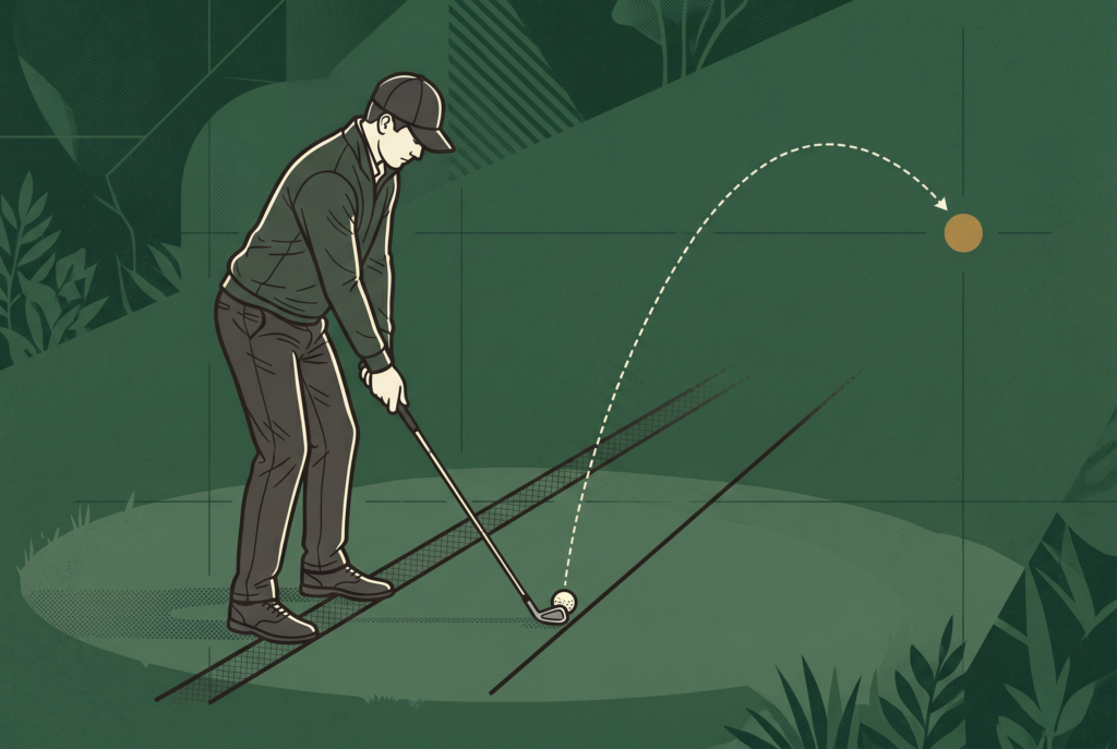Golf alignment diagram showing clubface line and target aim point without text.
