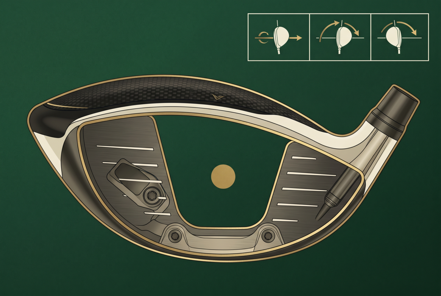 Diagram overlay explaining driver impact location, face alignment, and swing direction.