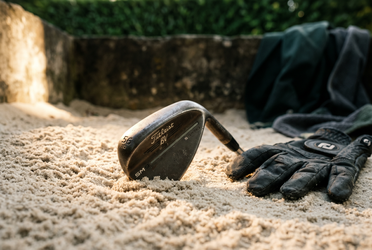 Bunker scene with wedge resting in sand and course background in soft focus.