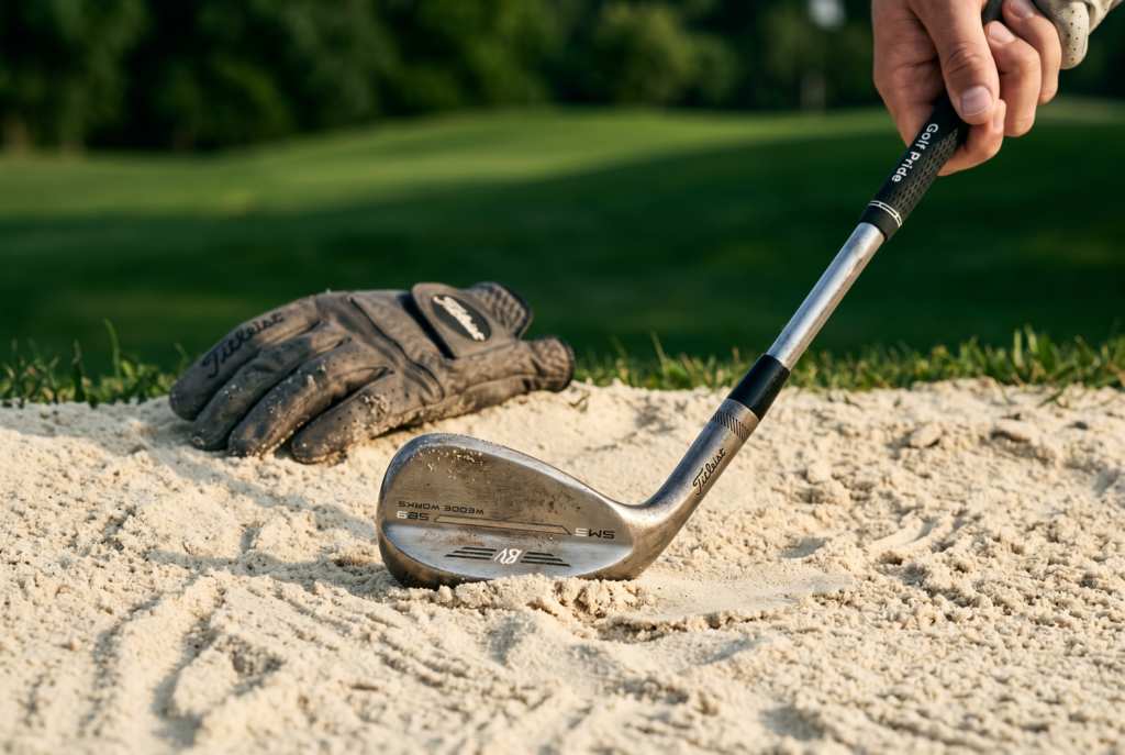 Still-life image of a wedge in sand with a premium club atmosphere.