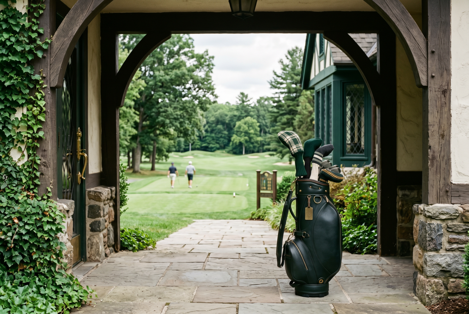 Heritage clubhouse and tee area scene suggesting etiquette and calm focus for beginners.