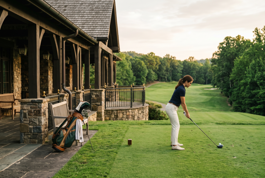 Architectural clubhouse-to-tee scene indicating calm etiquette and preparation.
