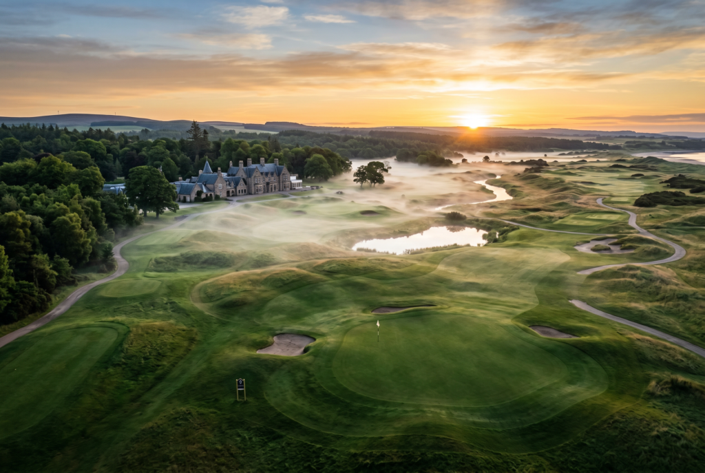A sunrise aerial view of a heritage golf course with mist over the clubhouse.