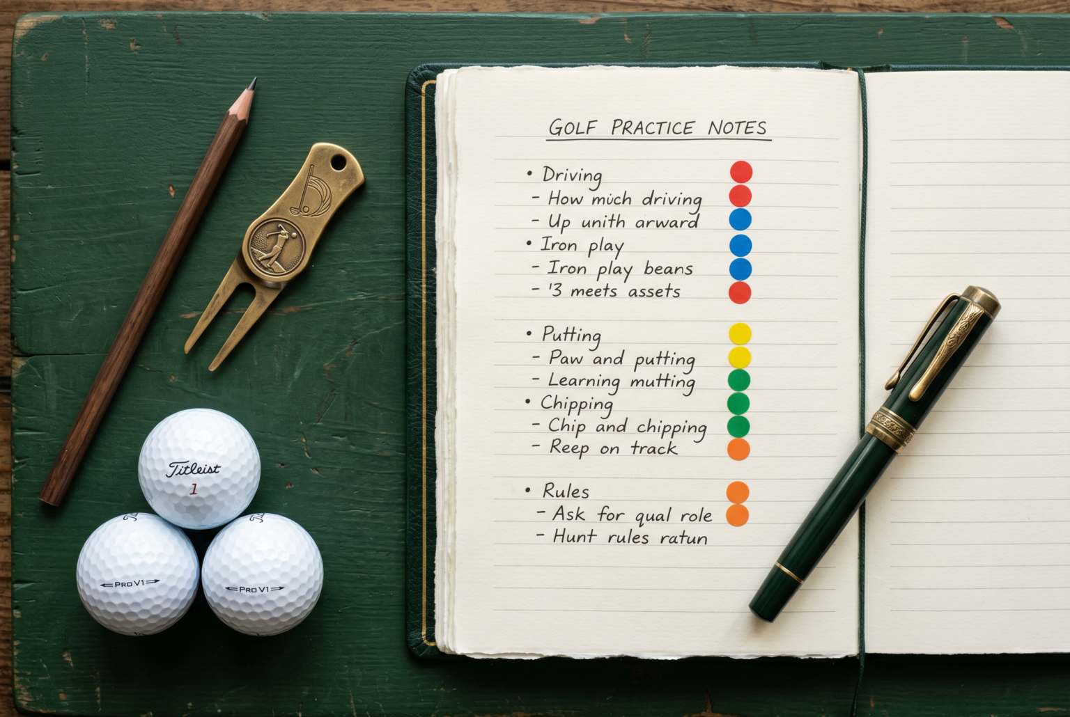 Flat-lay of a golf notebook with label-free dots categorizing practice sessions.