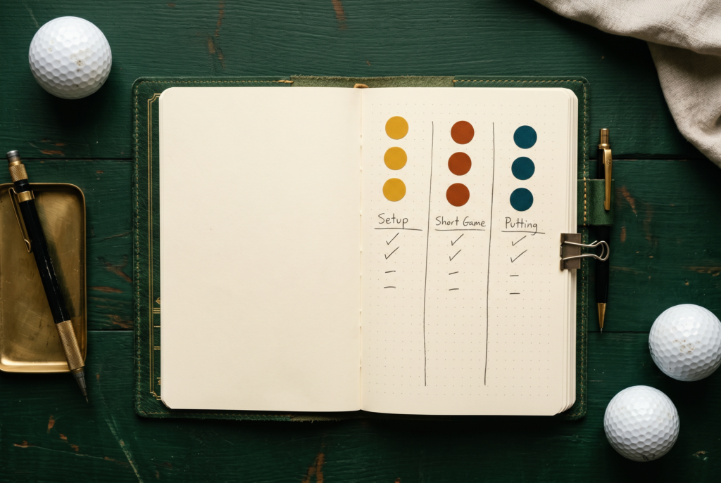 Golf notebook flat-lay with label-free category dots and stationery.
