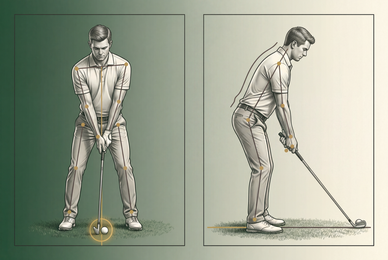 Diagram overlay showing a golfer’s address position with alignment and ball position cues.