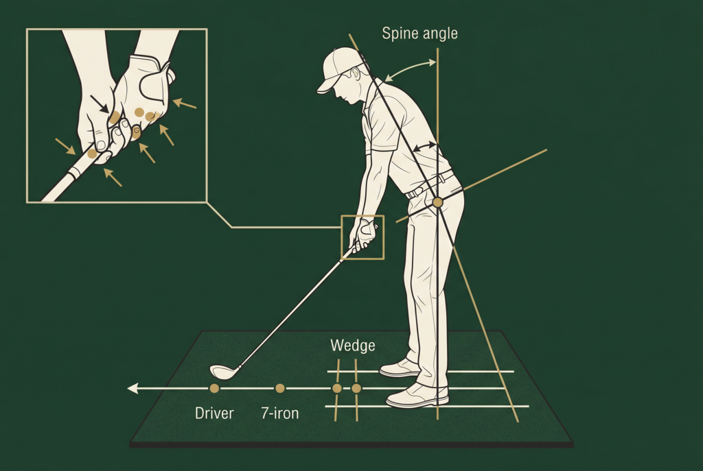 Illustrated address setup with grip, alignment, and ball position markers.