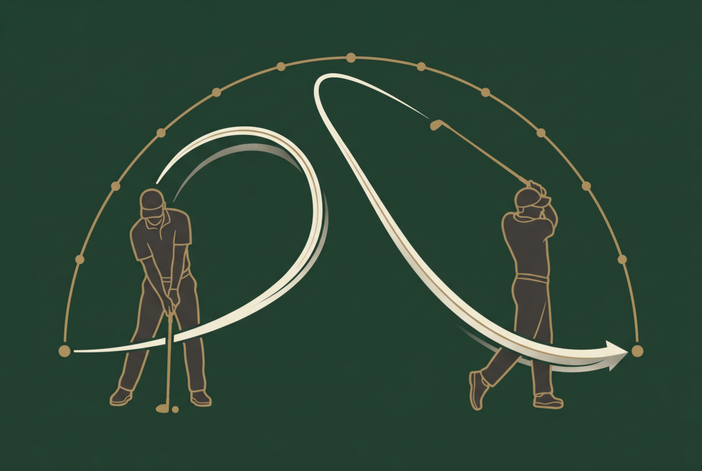 Illustrated tempo timing arcs with beat markers for a golf swing.