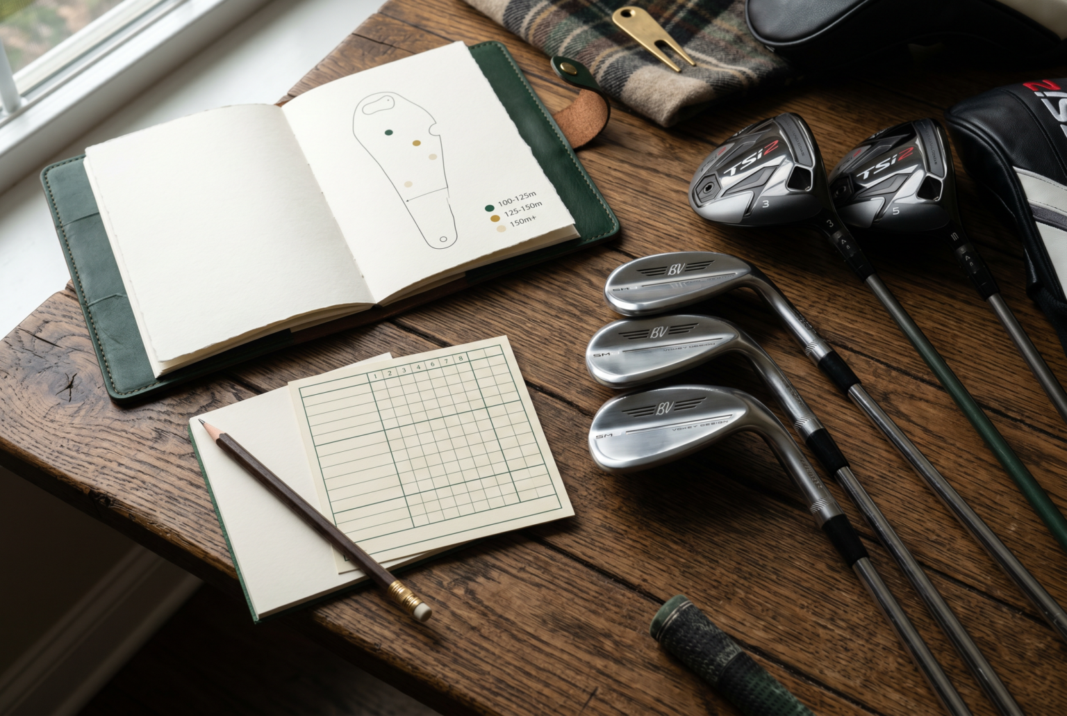 Flat-lay of clubs and a yardage notebook with visual dot markers for ranges.