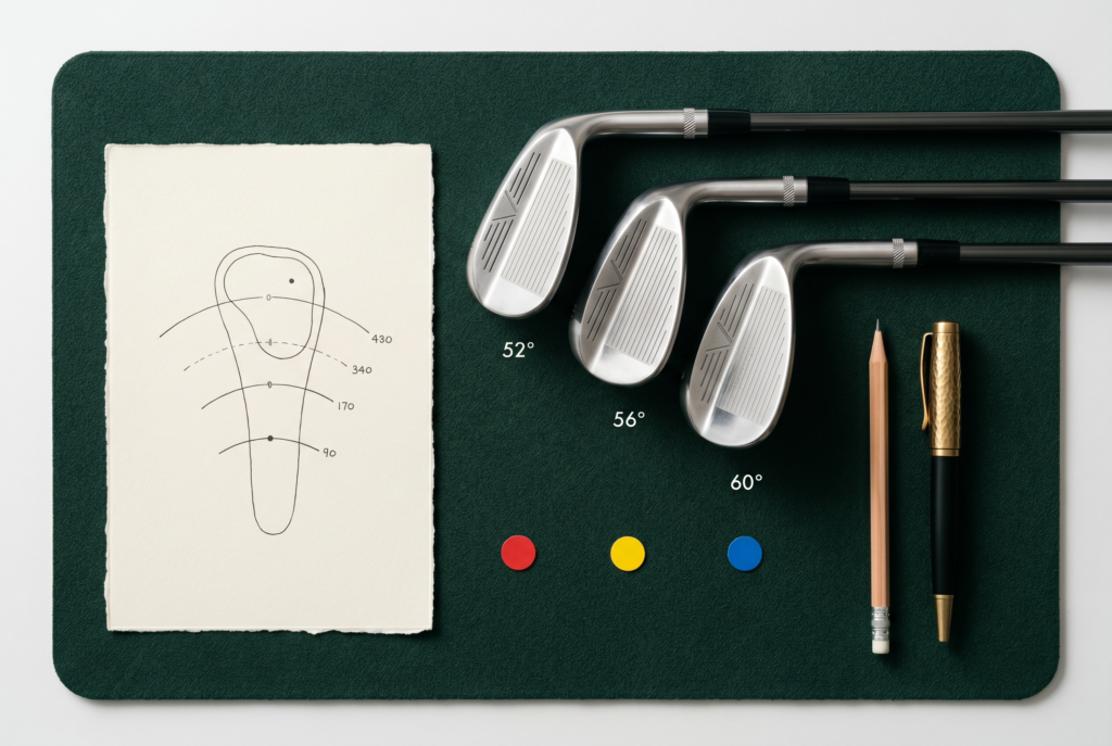 Flat-lay still life featuring clubs and a yardage notebook without text.