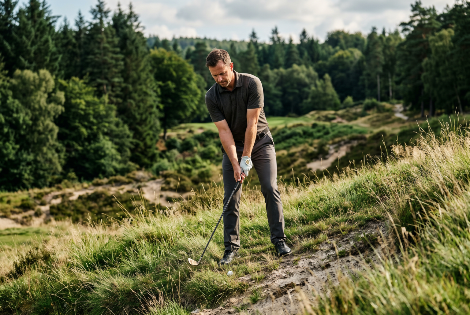 Photoreal scene of a golfer assessing a rough lie before hitting a recovery shot.