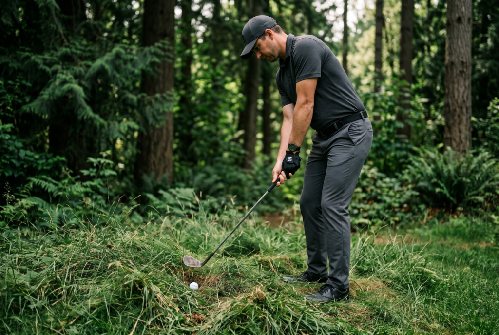 Golfer preparing to hit from rough with grass texture visible and premium lighting.