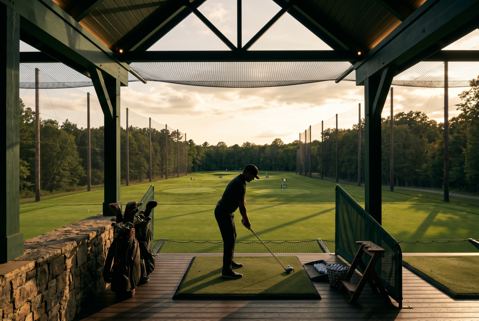 Architectural view of a driving range with a golfer at address in soft light.