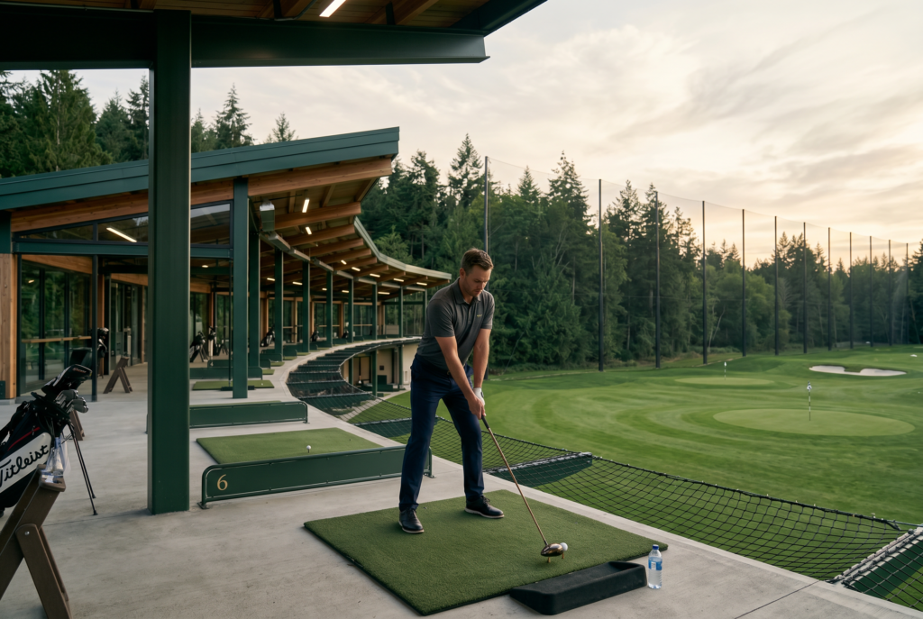 Premium driving range scene showing a golfer at address with a driver.