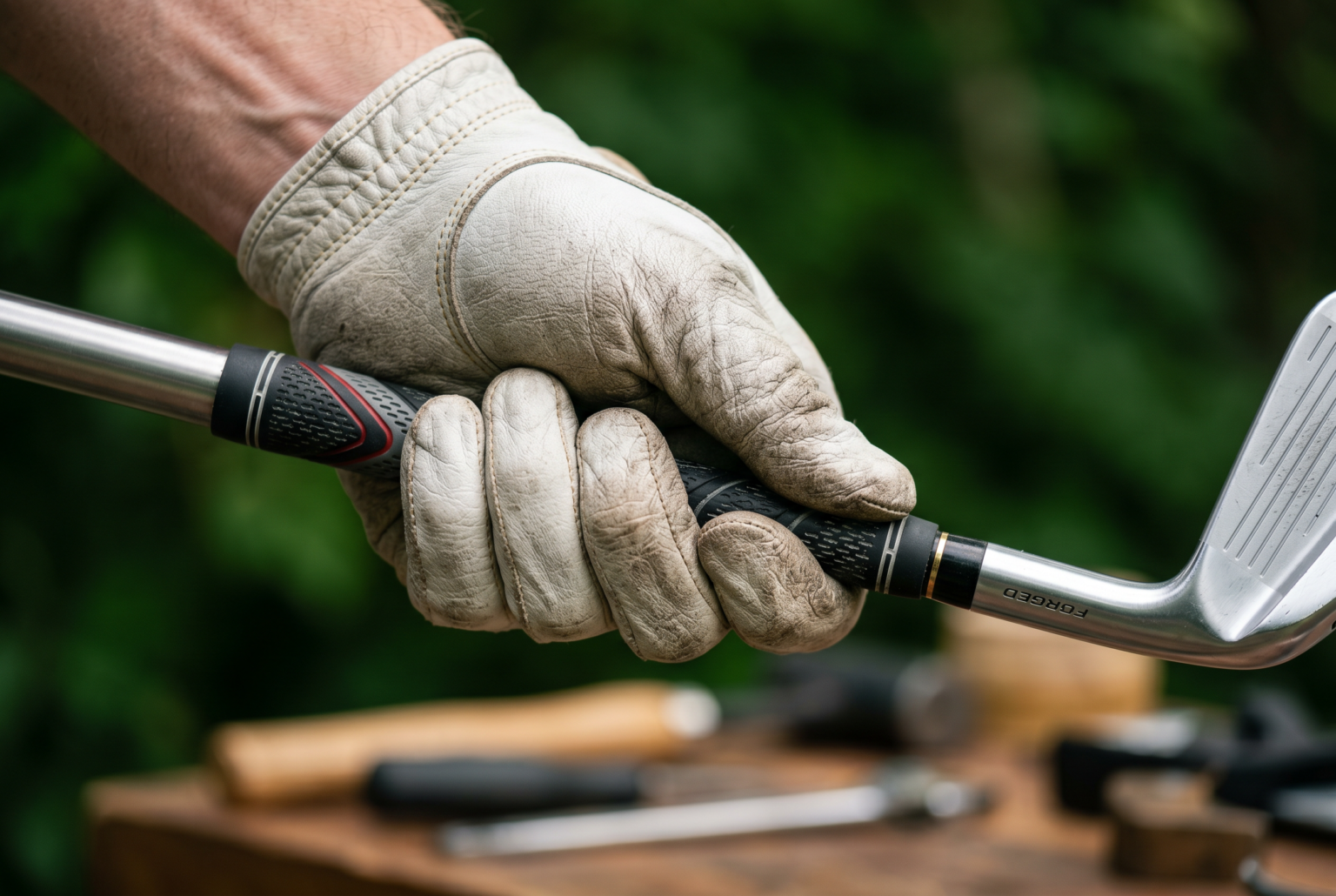 Macro photo of a hand holding a golf grip with leather texture in focus.