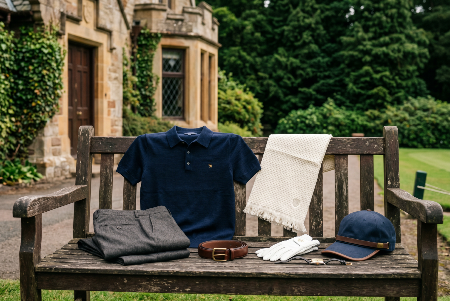 Premium still-life of golf clothing and accessories in classic colours for motivation.