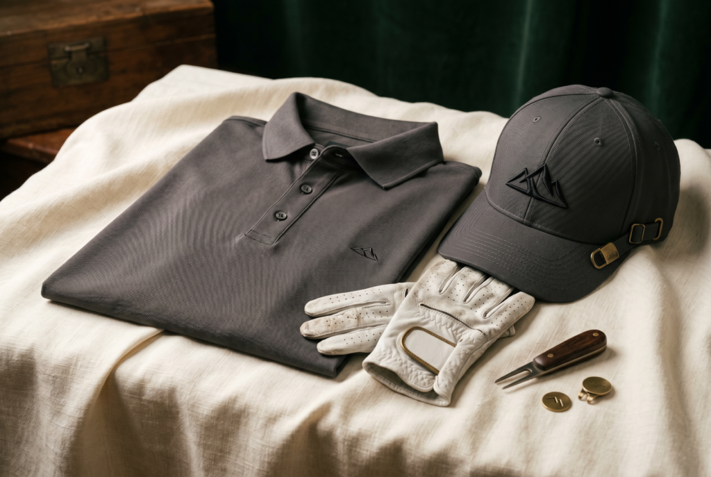 Still-life image of golf attire and accessories in classic palette colours.