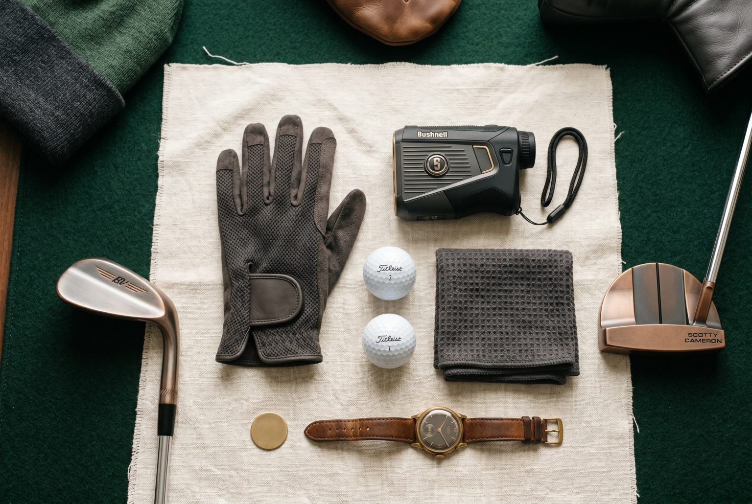 Premium flat-lay of warm-up accessories for golf in a classic colour palette.