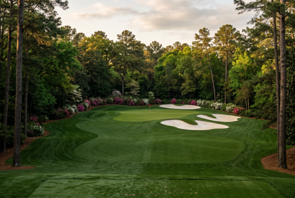 Architectural framing of a classic golf hole with fairway, bunkers, and green.