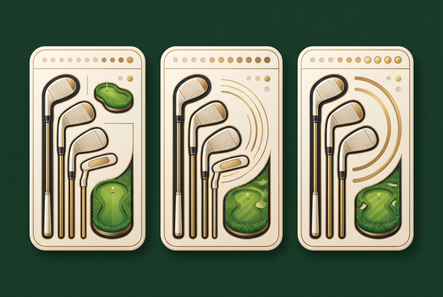 Three-month golf learning roadmap infographic with label-free icons and progress blocks.