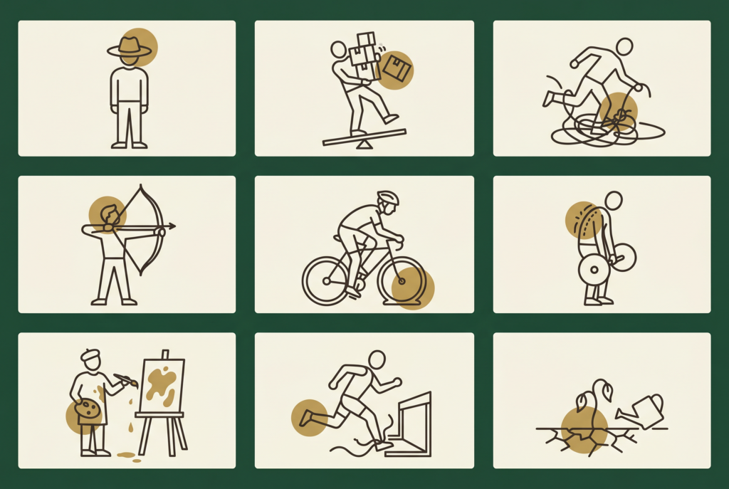 Infographic of nine common beginner golf faults using label-free icons and accent markers.