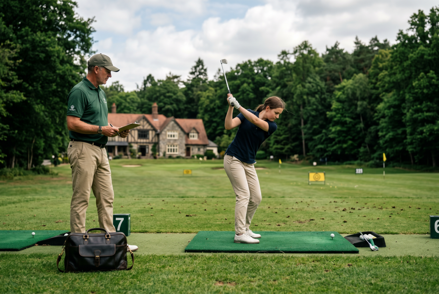 Coach observing a beginner golfer in a premium practice setting.