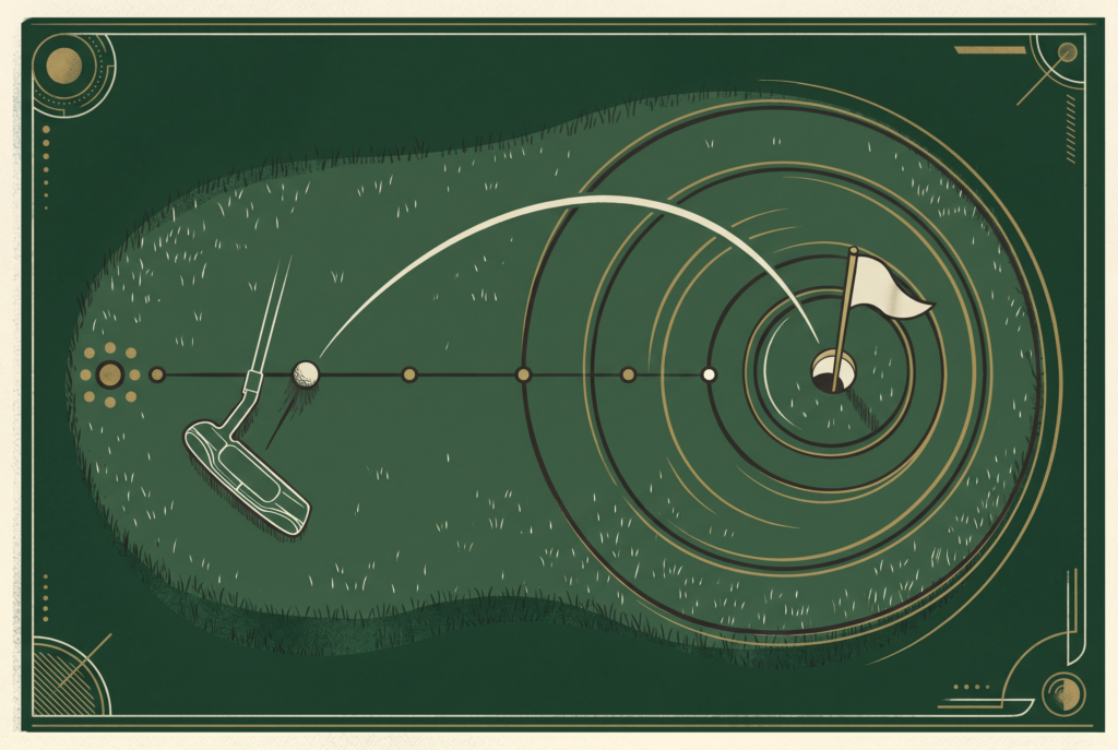 Infographic of a label-free putting speed ladder with rings and ball path arcs.