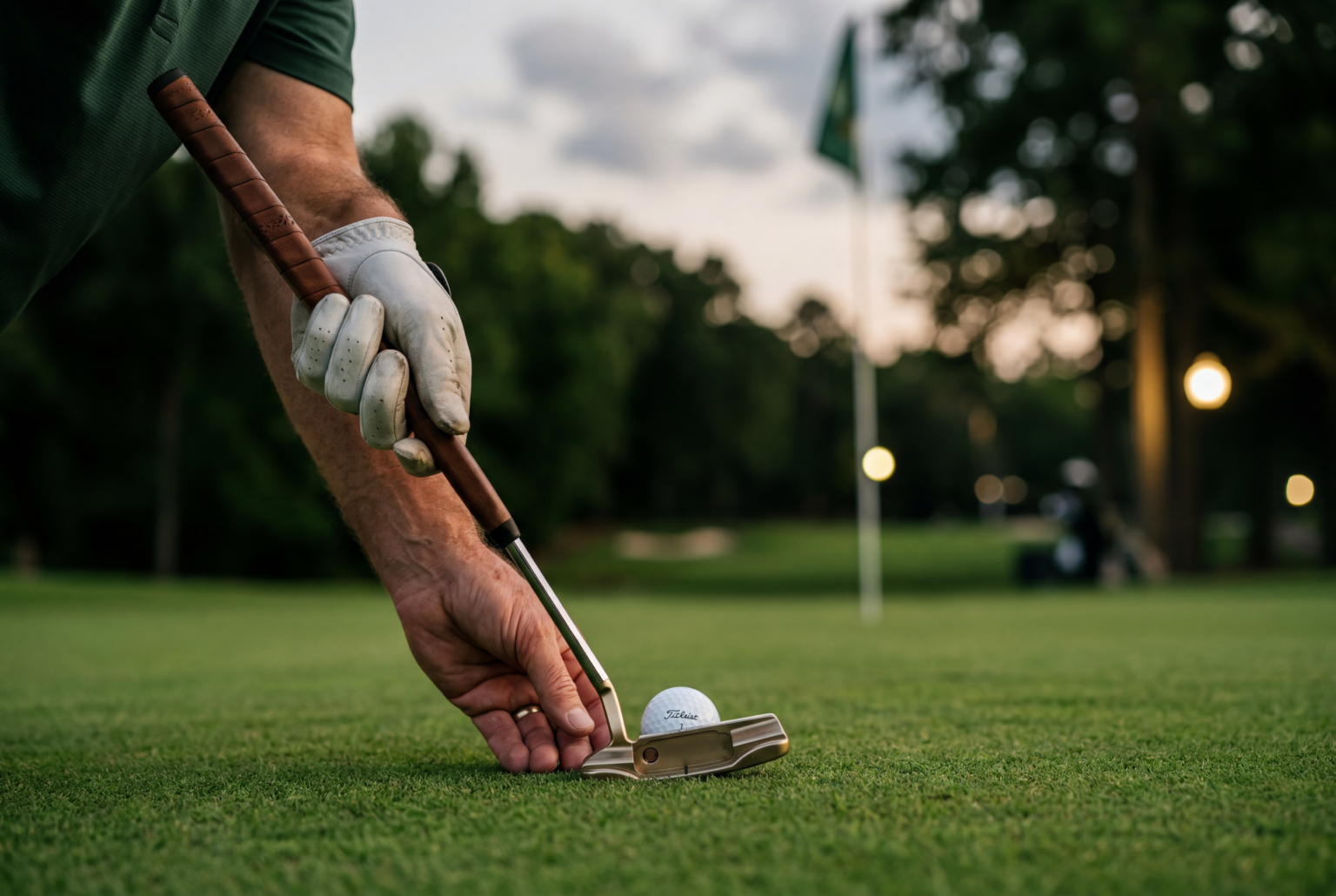 Moody portrait of a golfer addressing a putt on a green.