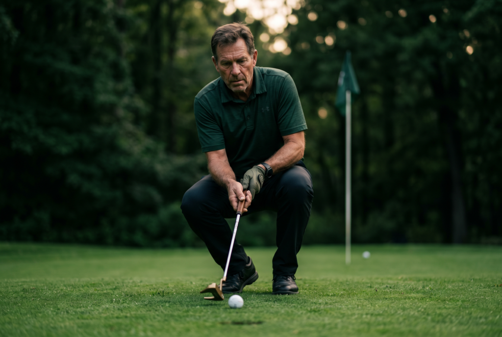 Close portrait of a golfer preparing to putt with alignment and speed cues.