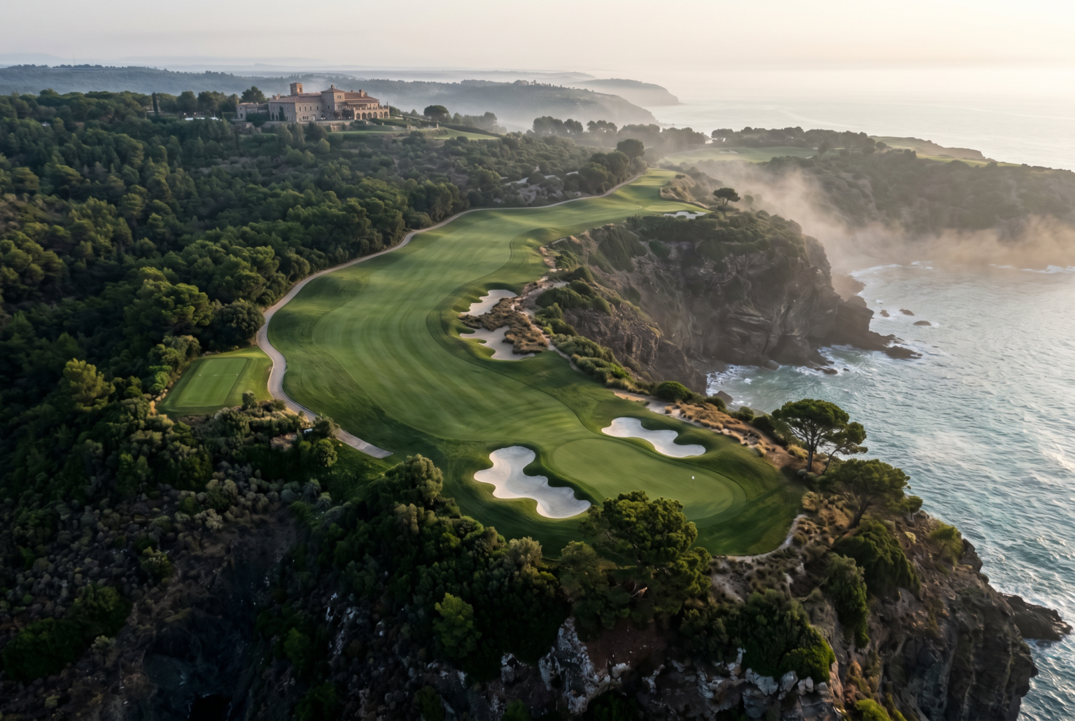 Aerial view of a classic golf hole showing hazards and fairway layout.