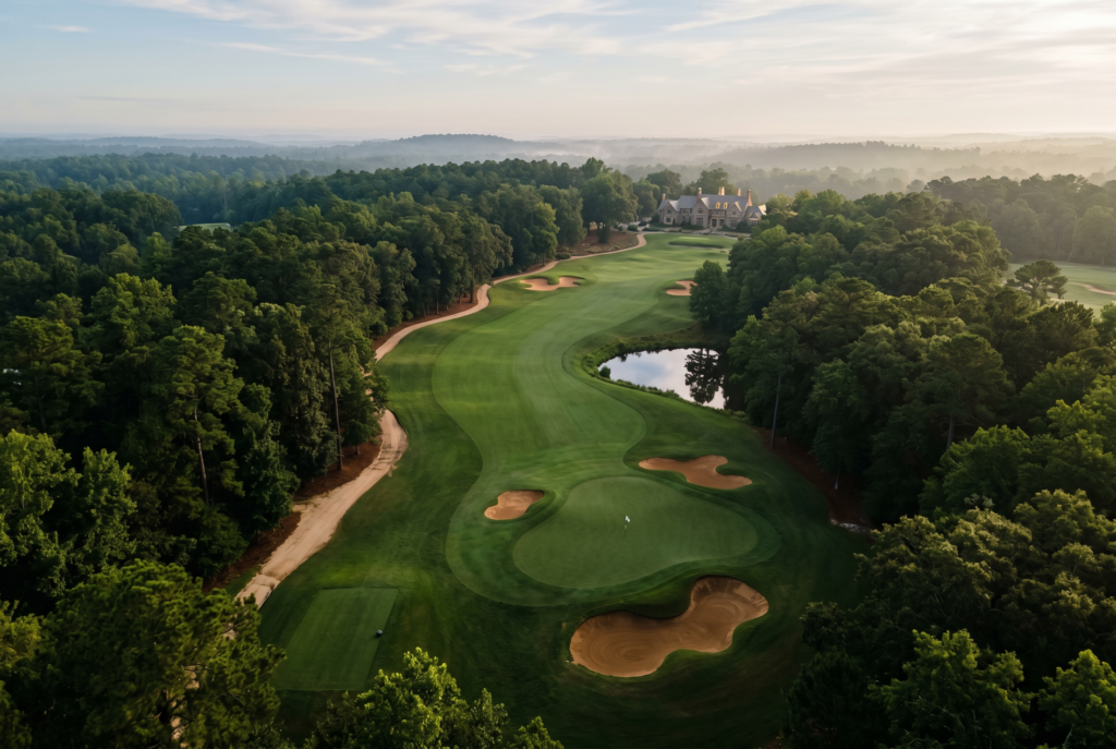 Aerial view of a heritage golf hole with fairway, bunkers, and green.