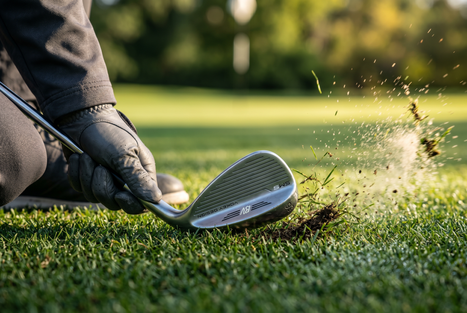Macro view of a wedge contacting turf with controlled chipping motion.