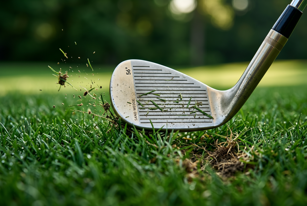 Macro photo showing wedge-turf contact for short-game control.