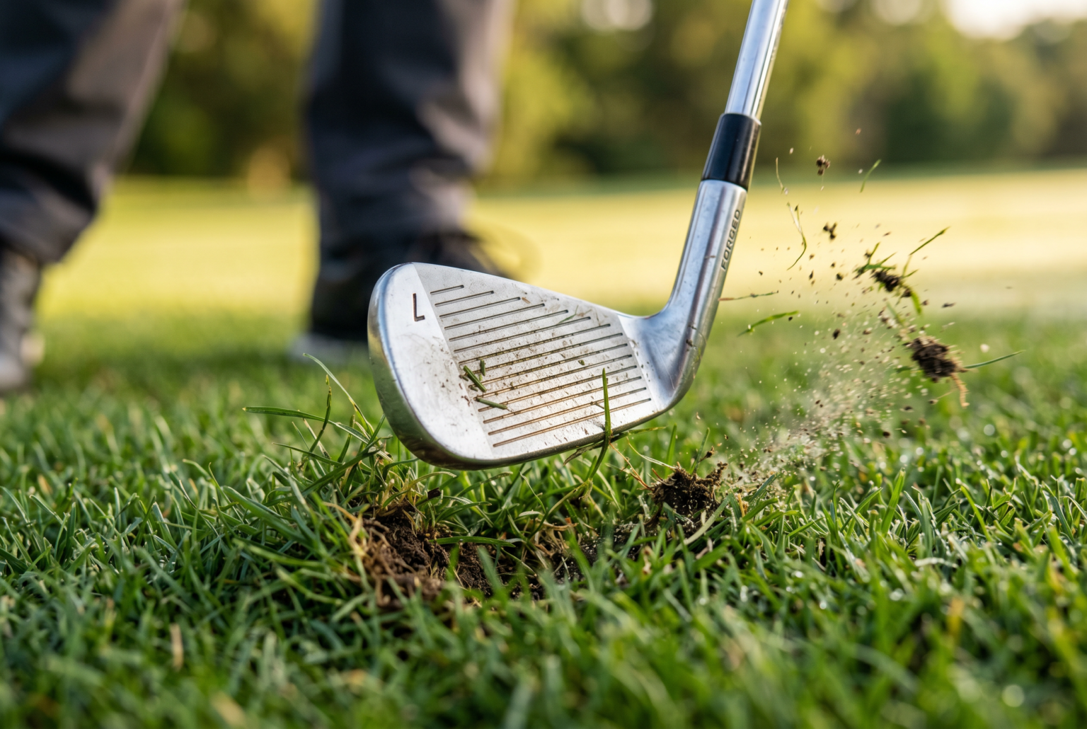 Macro close-up of iron sole striking turf with a controlled divot.