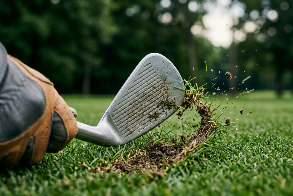 Macro photo capturing iron sole contact and a controlled turf divot.