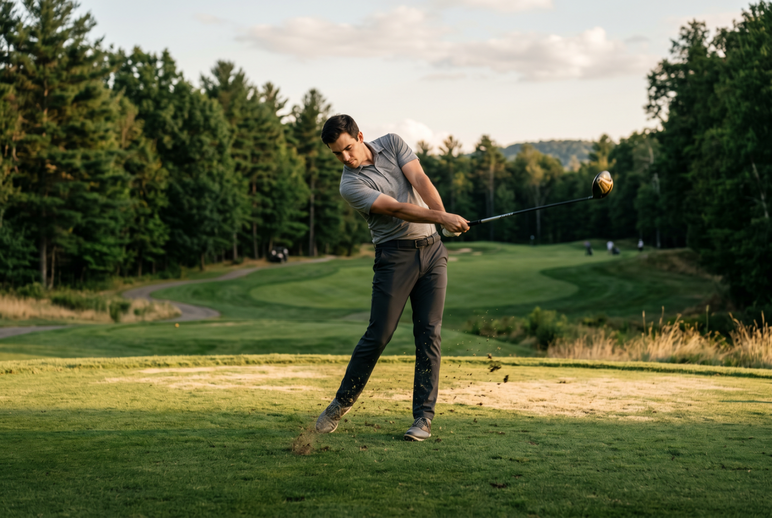 Full-body premium photo of a beginner making a controlled golf swing on a fairway.