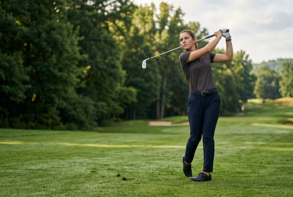 Beginner golfer completing a balanced follow-through in premium lighting.