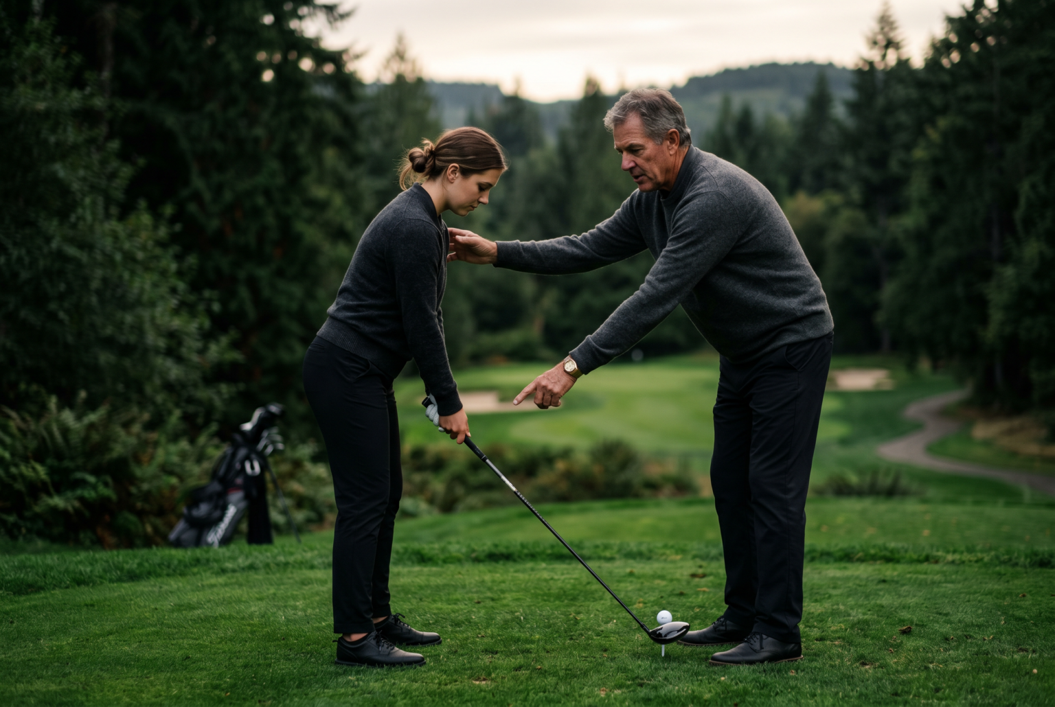 Moody portrait of a golf coach giving instruction to a beginner on a course.
