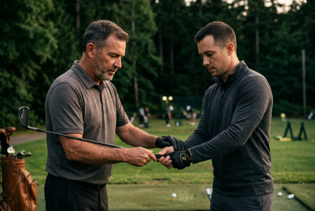 Portrait of coach and beginner during one-on-one golf instruction.
