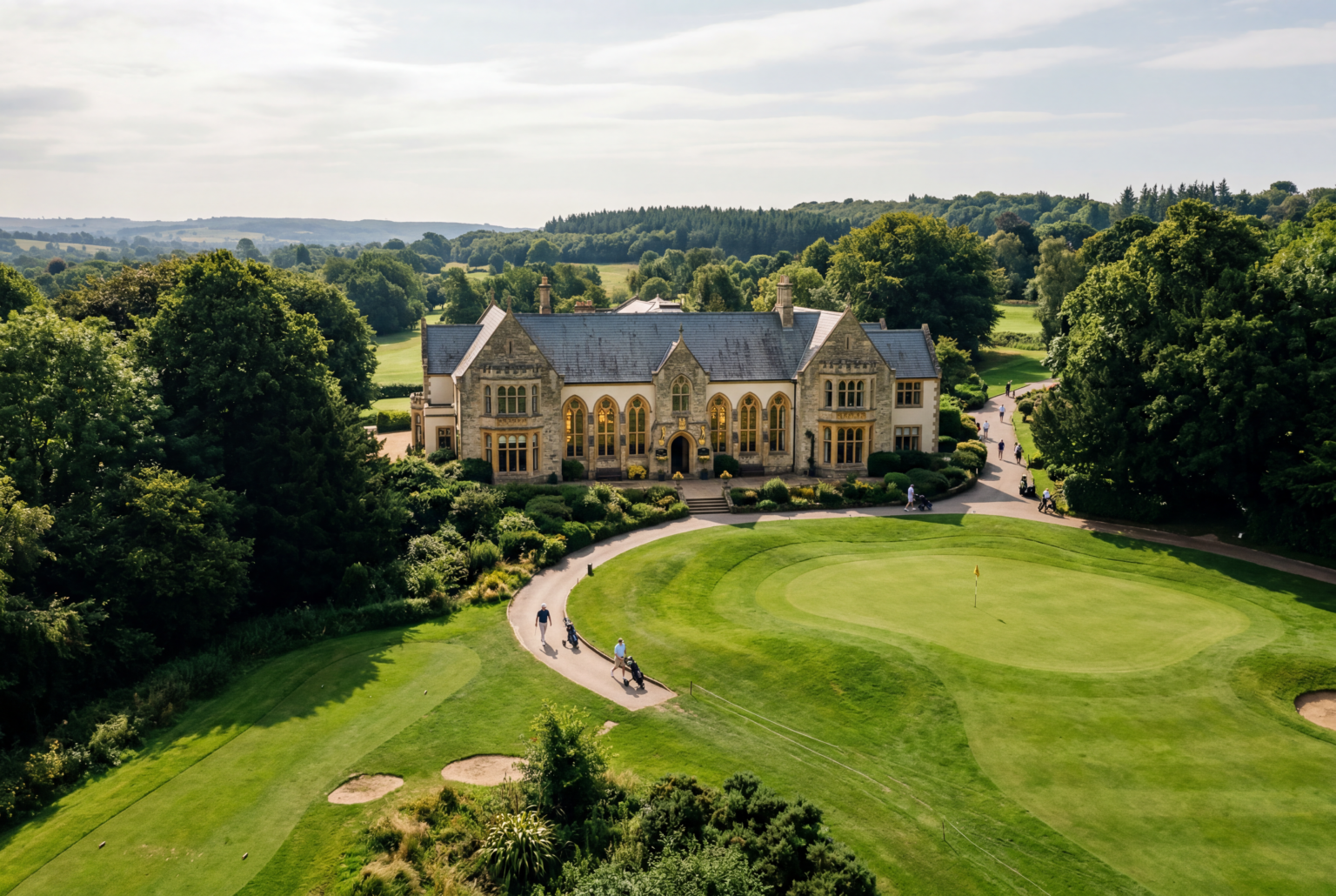 Aerial-cinematic scene of golfers and a heritage clubhouse in warm light suggesting a Sunday ritual.