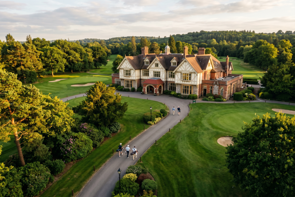 Aerial view of a heritage golf clubhouse with golfers walking toward the first hole.