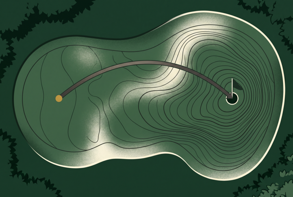 Diagram showing label-free slope contours and predicted ball roll for putting.
